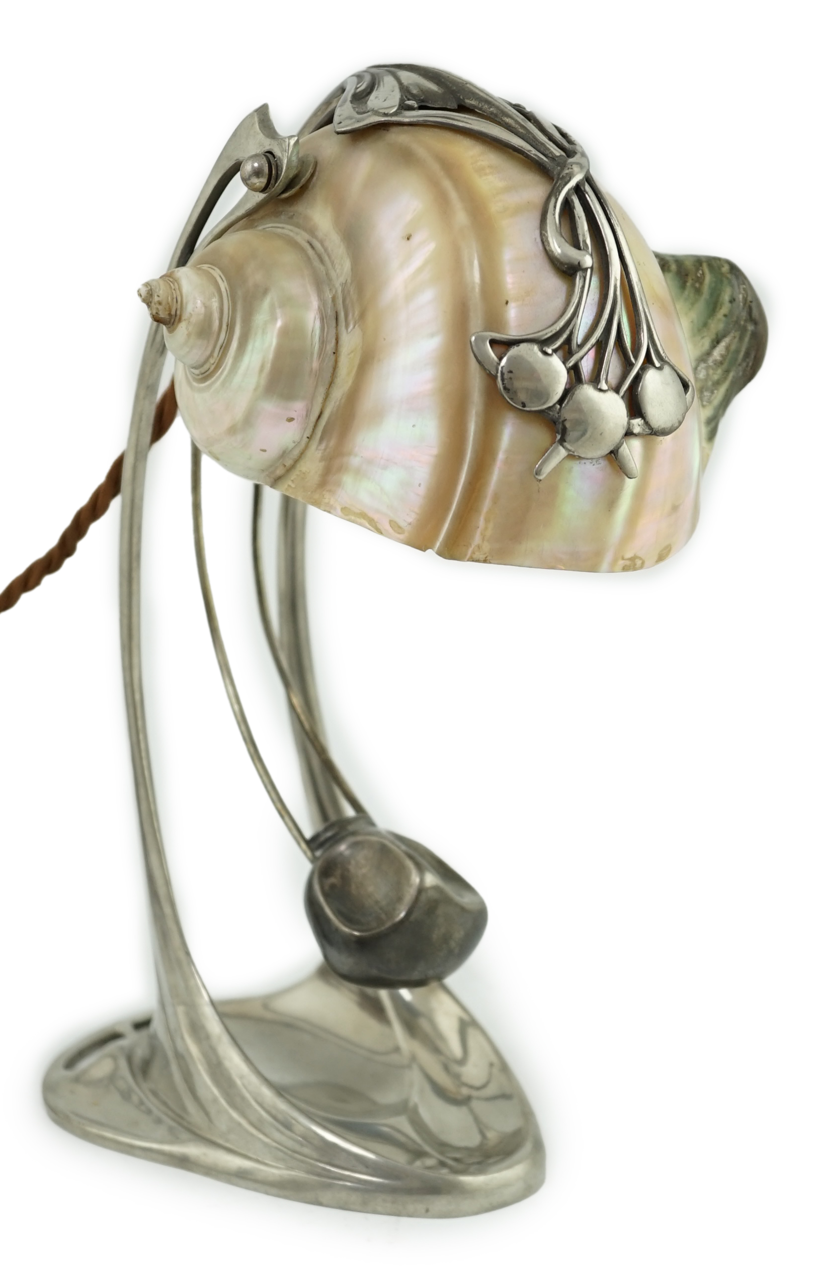 An Art Nouveau electroplate counter-weighted shell mounted table lamp, by Moritz Hacker, c.1900